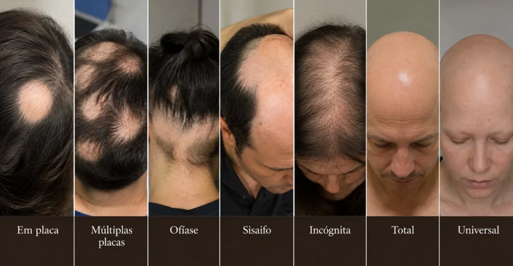 Ilustração dos tipos de alopecia areata: em placa, múltiplas placas, ofíase, sisaifo, incógnita, total e universal