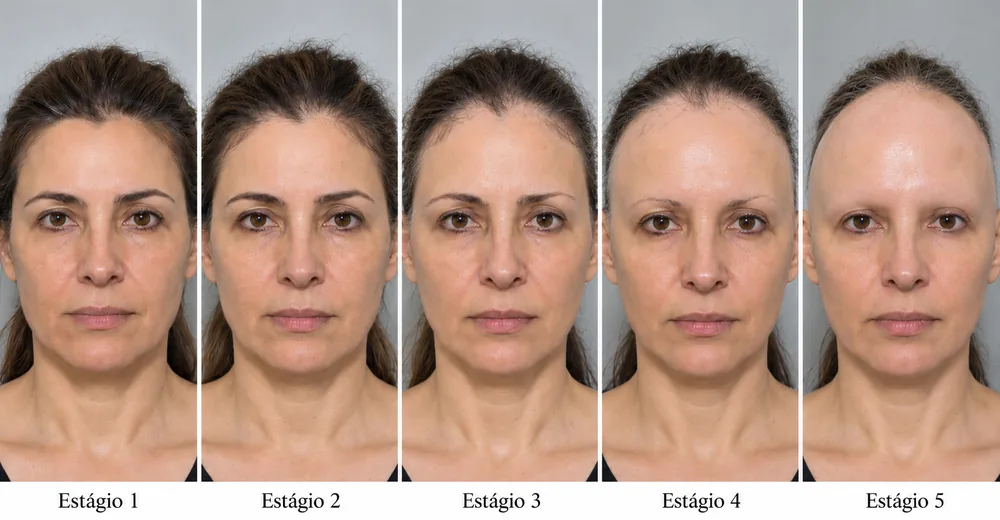 Imagem ilustrativa dos cinco estágios da alopecia fibrosante frontal, com o recuo progressivo da linha do cabelo e das sobrancelhas