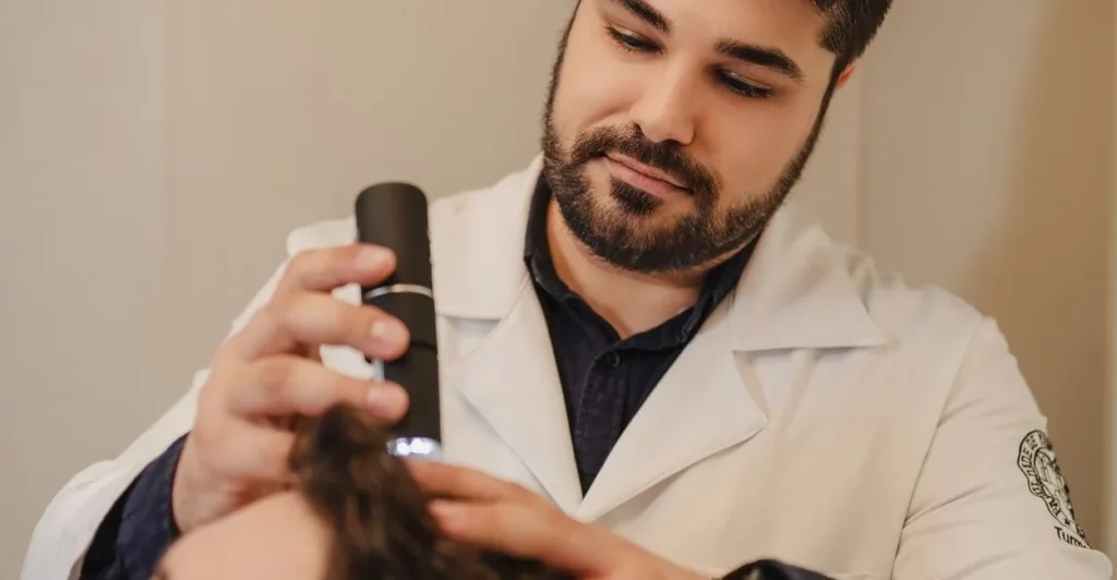 Dr. Éric Aguiar examinando o couro cabeludo com dermatoscópio durante a consulta médica