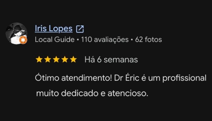 Avaliação de 5 estrelas no Google sobre o atendimento no consultório de Ipanema
