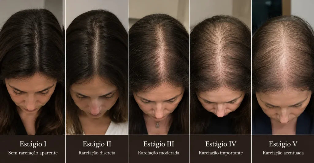 Ilustração dos cinco estágios da rarefação capilar feminina, do estágio I (sem rarefação aparente) ao V (rarefação acentuada)