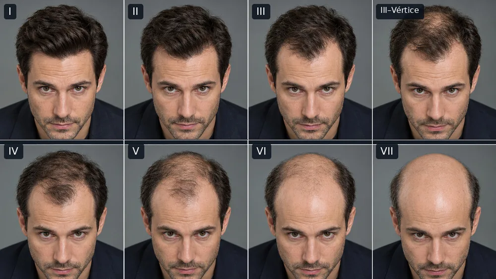 Ilustração da escala de Norwood-Hamilton, com os estágios I a VII da calvície masculina