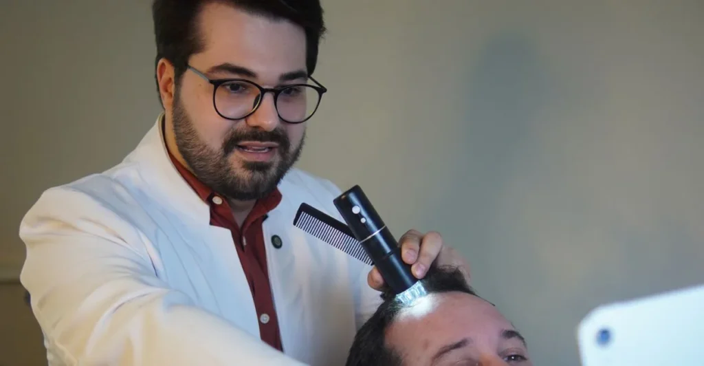 Dr. Éric Aguiar examinando o couro cabeludo de um paciente com dermatoscópio durante consulta de calvície