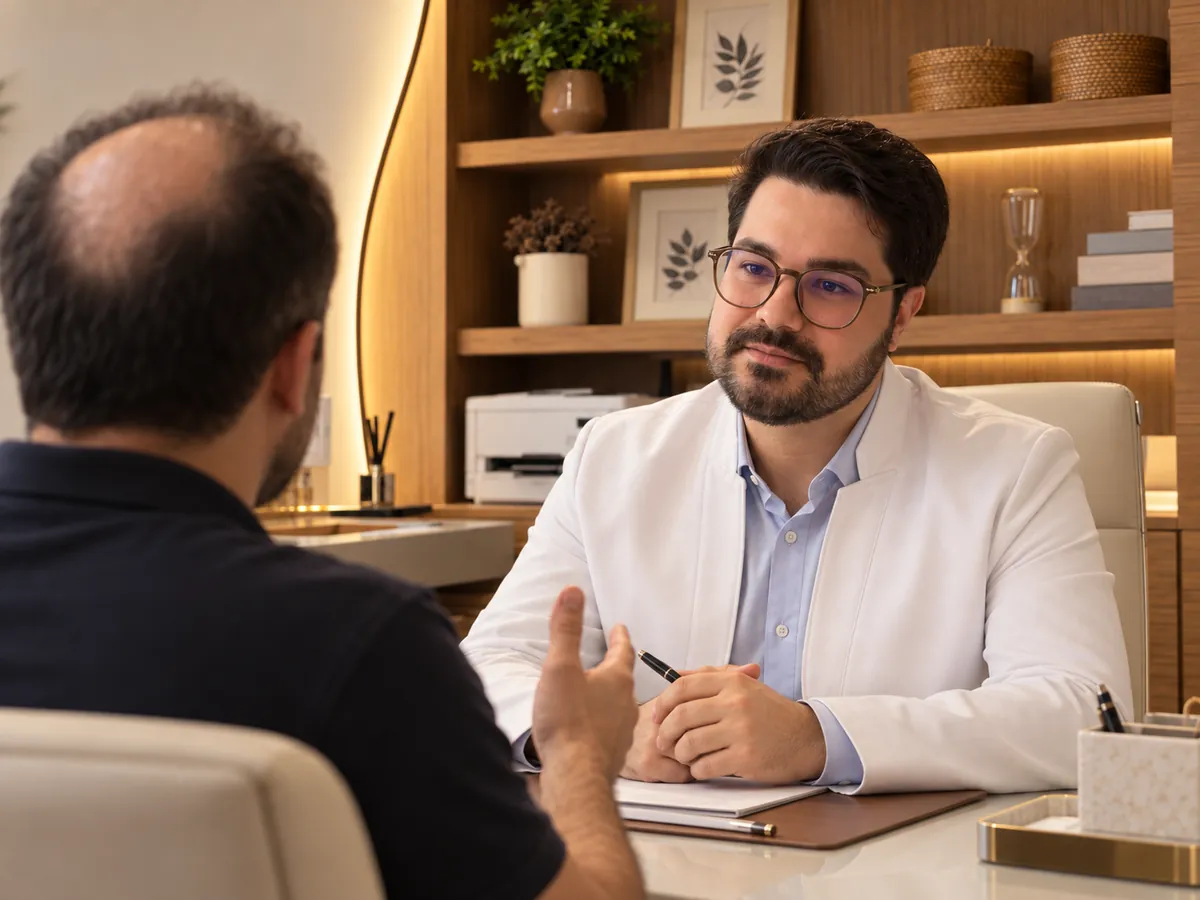 Dr. Éric Aguiar ouvindo um paciente na consulta, no consultório de Ipanema
