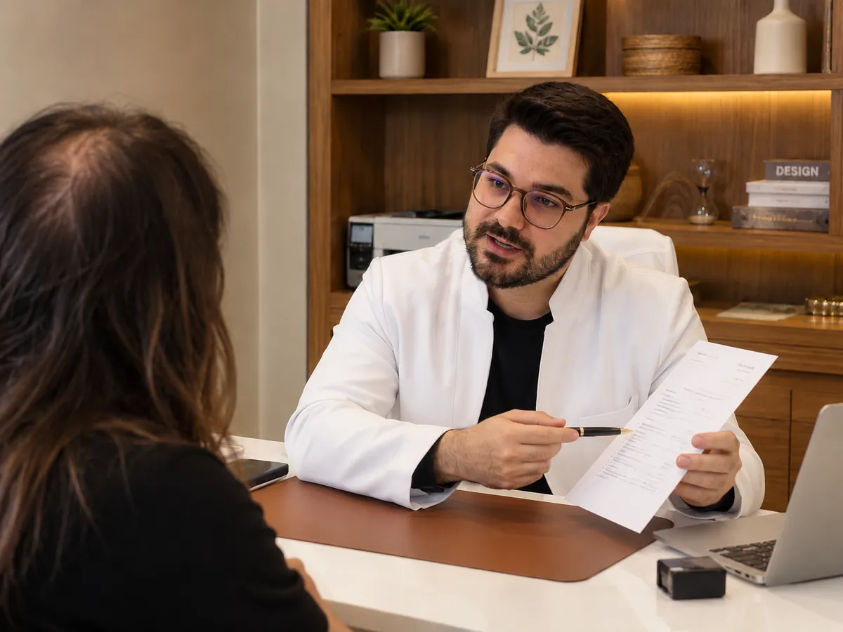 Dr. Éric Aguiar apresentando o plano de tratamento a uma paciente