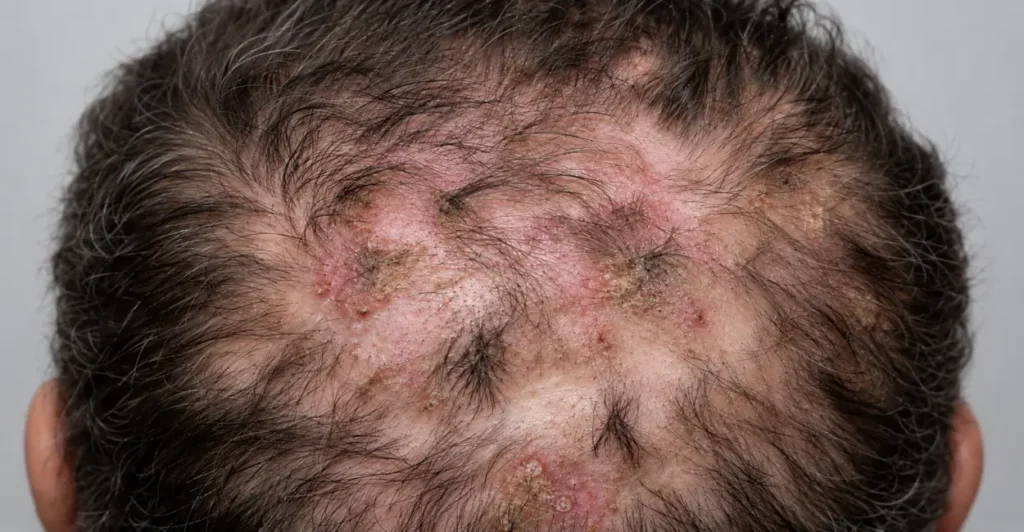 Couro cabeludo com áreas de inflamação, crostas e perda de cabelo, aspecto da foliculite decalvante