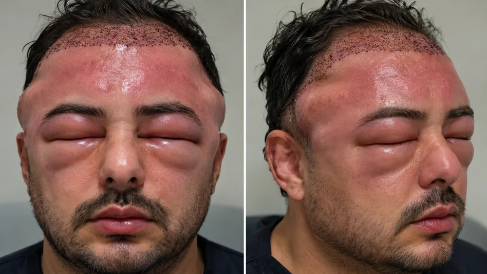 Imagem ilustrativa de inchaço intenso no rosto e nas pálpebras, com vermelhidão, após transplante capilar