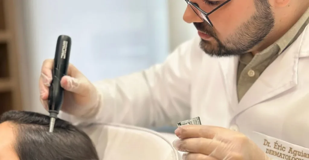 Dr. Éric Aguiar realizando MMP capilar, microinfusão de medicamento no couro cabeludo, durante atendimento