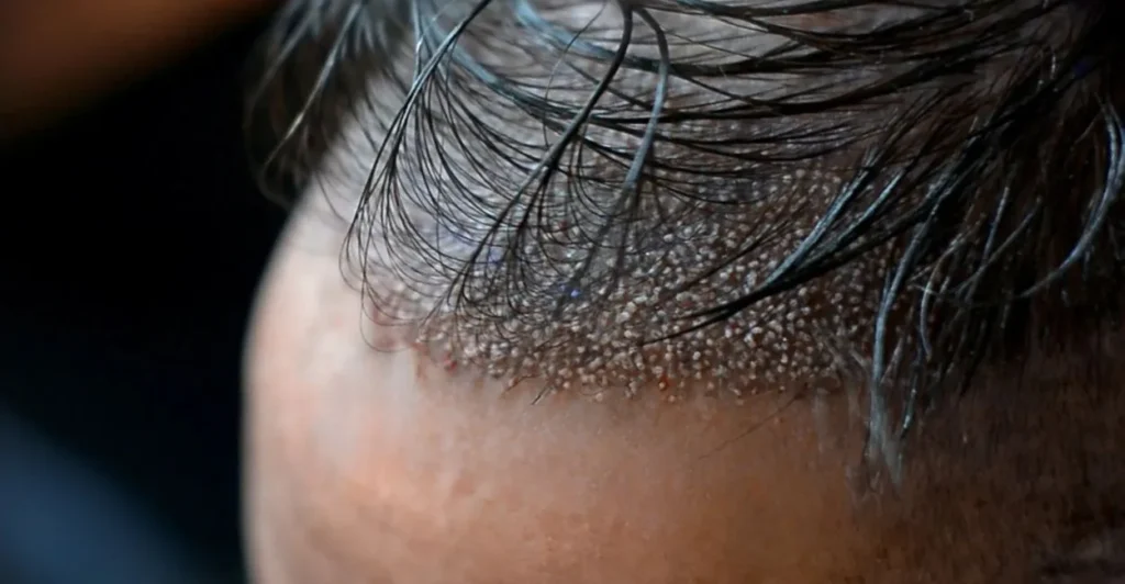 Linha frontal do cabelo logo após o transplante capilar sem raspar, com os folicúlos implantados entre os fios longos