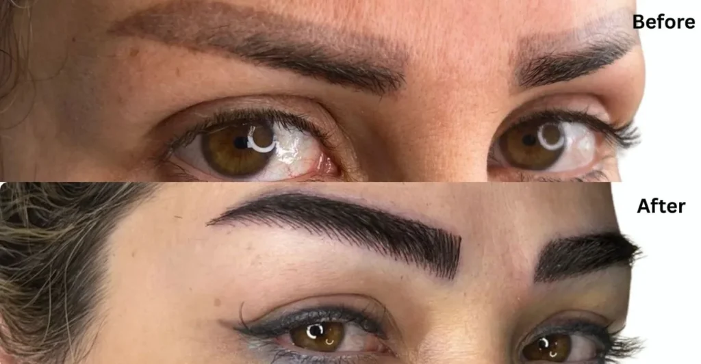 Comparação de sobrancelhas, antes e depois de procedimento na região das sobrancelhas